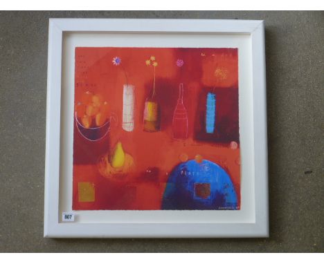 An Emma Davis print, 5 knobbly lychees on a plate in a white frame - frame size 60cm x 60cm
