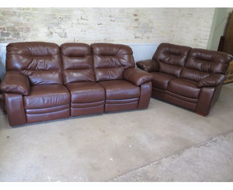 A brown leather two seater sofa and a three seater sofa with end recliners, three seater 90cm tall x 220cm x 94cm - in good c