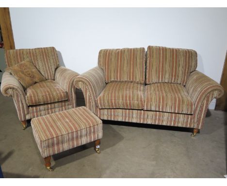 A Parker Knoll Burghley stripped fabric two seater sofa, chair and foot stool - retails for over £2000 - Sofa size 98cm tall 