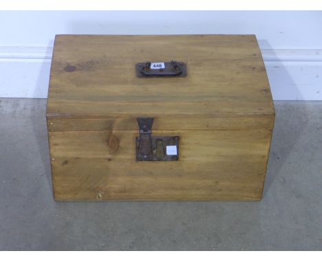 A small Victorian pine tool box with metal fastener and carrying handle - Height 26cm x 46cm x 30cm 