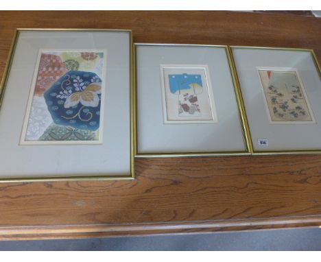 Two framed Japanese Kimono prints - 20cm x 15cm and a pattern print - 32cm x 21cm 