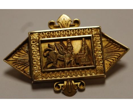 A yellow metal Egyptian Revival brooch, having watercolour portrait inset back  Condition Report / Extra Information 4.4cm x 