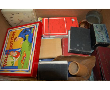 A box of miscellaneous items to include; Glevun Games tiddly-skittles, various Ordnance Survey maps, books etc 