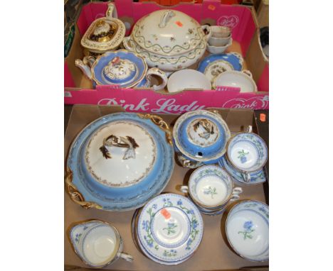 Two boxes of miscellaneous Victorian and later tea and dinner wares to include granite china tureens and covers, Royal Worces