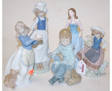 A small Lladro figure of a flower girl together with a Royal Doulton Pretty Ladies figure of Lisette, and three various Nao f