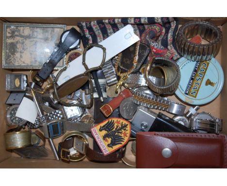 A box of miscellaneous items to include; gentleman's wristwatches, pocket tools, Prot KF50 camera, napkin rings etc 