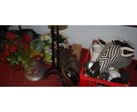 A large collection of miscellaneous items to include pair of iron pricket candlesticks, wooden pulley, grocer's scales and we