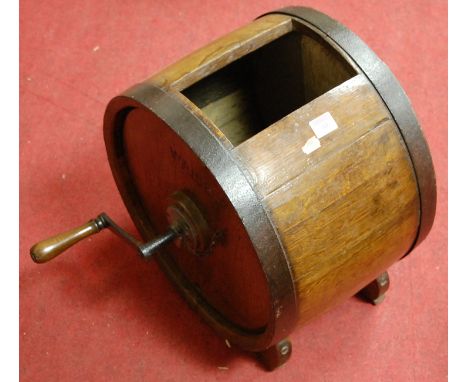 A Victorian oak and iron bound table-top butter churn by Waide of Leeds