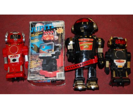 A boxed Chinese Jupiter battery powered walking robot together with various other robot toys