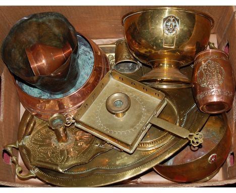 Box of miscellaneous metal wares to include brass twin handled gallery tray, pressed brass chamber stick, copper tankard etc