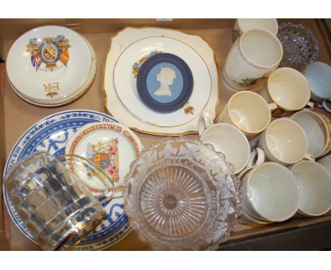 A box of miscellaneous commemorative wares to include Wedgwood Queen Elizabeth II blue jasper ware portrait of plaque, Queen 