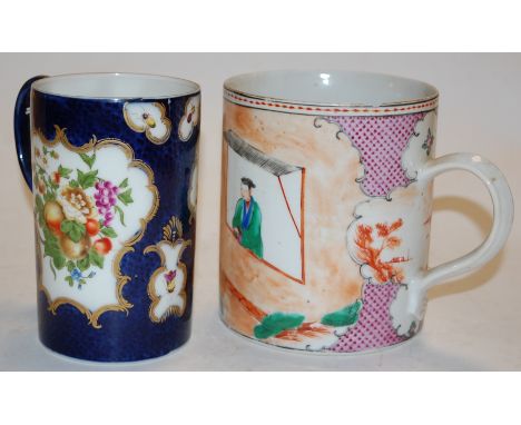 An oversized 19th century Chinese export tankard enamel decorated with a figural landscape, together with one other tankard o