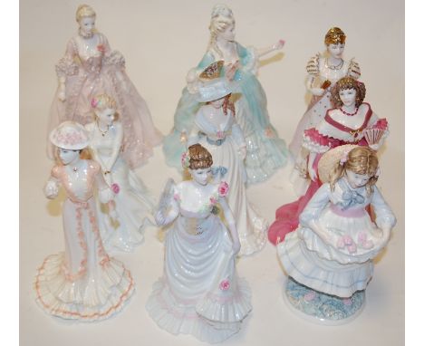 A collection of nine Coalport figurines to include Marie-Antoinette, Madame de Pompadour, Lady Castlemaine, Empress Josephine