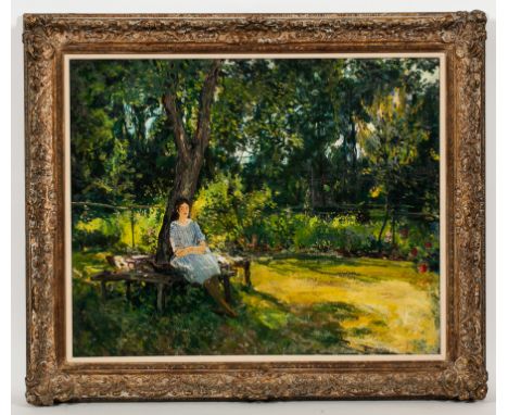 ALEXANDER JAMIESON IS ROI (SCOTTISH 1873 - 1937),
BIDDY IN THE GARDEN
oil on canvas, signed on the stretcher
63cm x 78cm (25 