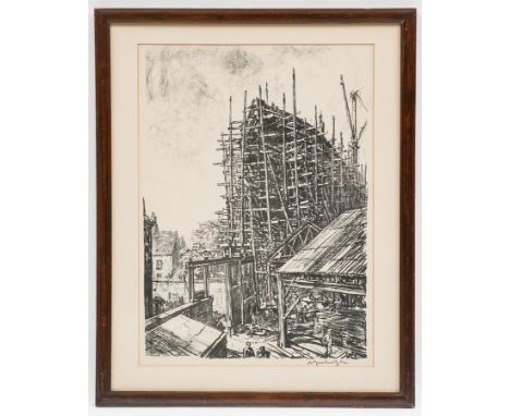 * SIR DAVID MUIRHEAD BONE (SCOTTISH 1876 - 1953), 
BUILDING A LINER
original lithograph, signed
52cm x 38cm
Mounted, framed a