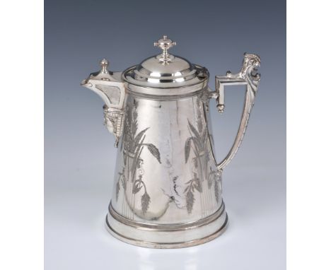 A Victorian Egyptian revival Reed &amp; Barton silver plate water pitcher, designed by James Stimpson, 1854, of cylindrical t