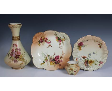Four pieces of Royal Worcester Blush Ivory - to include a vase of tapering form typically decorated with sprays of flowers, n