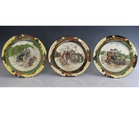 Six Royal Doulton motoring "Series Ware" ceramic plates, 1905-1928, titled "Blood Money", Room For One", "Itch Yer On Guvnor?