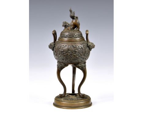A Chinese bronze censor, probably 20th century, pull-off domed cover with foo dog finial, the two reserves cast with dragons,