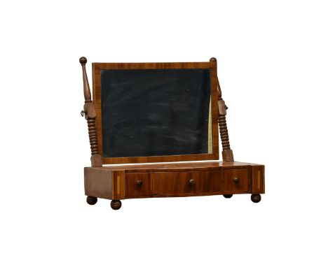 A 19th century box base mahogany and rosewood toilet mirror, the rectangular plate on bobbin turned uprights, to a three draw