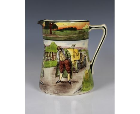 A Royal Doulton motoring "Series Ware" ceramic jug titled "Blood Money", 1905-1928, hand coloured transfer printed design, fa