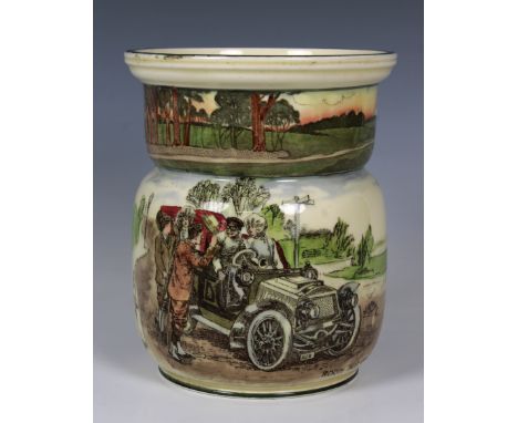 A Royal Doulton motoring "Series Ware" ceramic biscuit barrel titled "Room for One", 1905-1928, hand coloured transfer printe