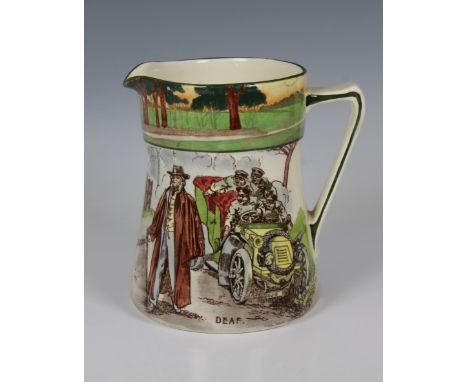 A Royal Doulton motoring "Series Ware" ceramic jug titled "Deaf", 1905-1928, hand coloured transfer printed design by George 