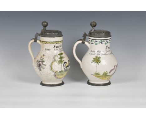Two 19th century German pewter mounted ceramic stein, bulbous, baluster form, the first depicting a soldier firing cannon, th