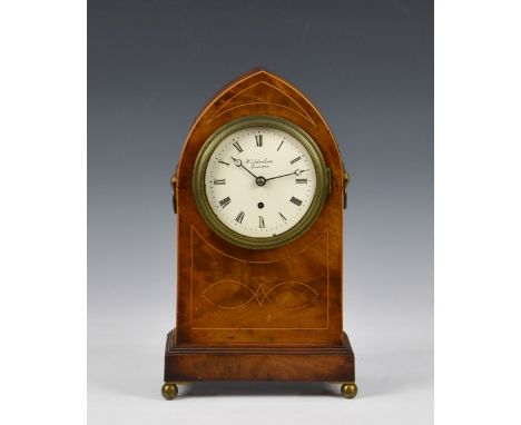 An early 19th century arched inlaid mahogany mantel clock by Widenham of London, with signed single fusee movement, the 4 5/8
