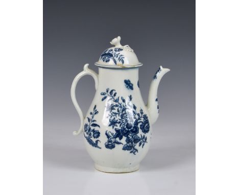 A Caughley porcelain coffee pot and cover, transfer-printed in underglaze blue depicting floral spray with butterflies, the d