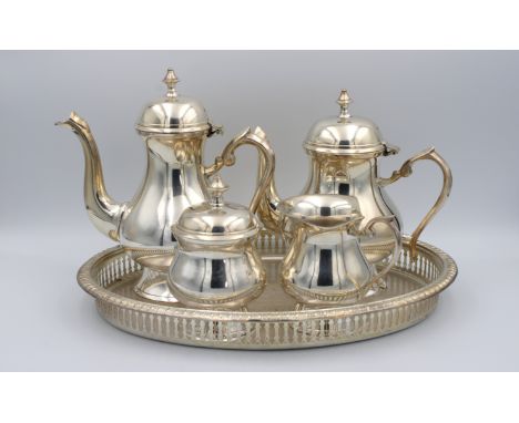 An EPNS four piece tea and coffee service, of baluster form, unmarked, comprising of a coffee pot, 20cm. high, teapot, jug, s