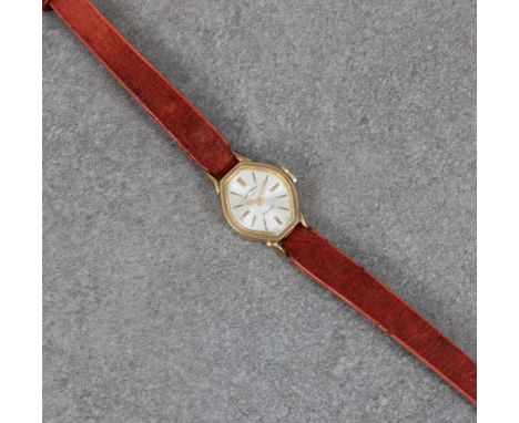 A 9ct gold cased ladies Rotary small octagonal wrist watch, with narrow leather strap.