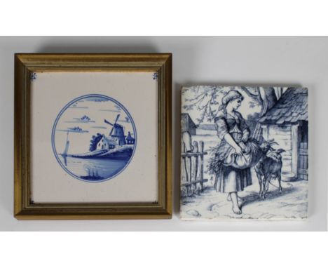 A Minton Stoke on Trent ceramic tile, depicting a young woman with a goat in a farmyard, factory mark beneath, 15.2cm. square