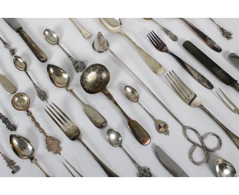 A collection of silver flatware from various countries, to include two Hanoverian dinner forks, Francis Higgins III, London, 