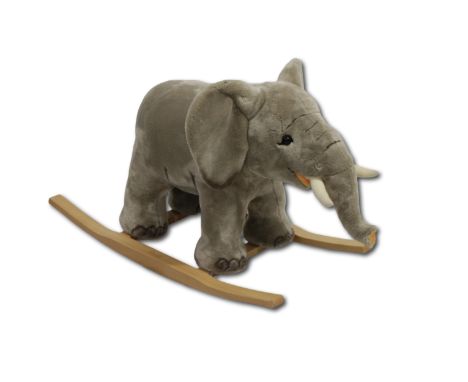 A Steiff rocking Trampili elephant, soft grey woven faux fur, solid beech rockers and stainless steel inner frame, Steiff but