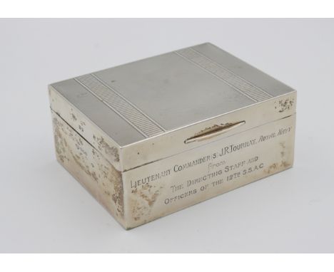 Royal Navy interest - A silver engine turned cigarette box, C J Vander Ltd, London, 1948, engraved "Lieutenant Commander J.R.