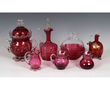A collection of Victorian ruby red glassware, to include a twin handle red and clear glass biscuit barrel with lift-off cover