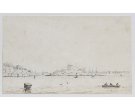 English School, 19th century, Coastal landscape, possibly Castle Cornet and St Peter Port, pencil sketch with wash, unsigned,