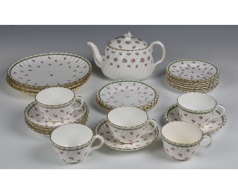 A Minton laurel and pink rose pattern part tea service, early 20th century, pattern no. G8115, pink printed factory and paint