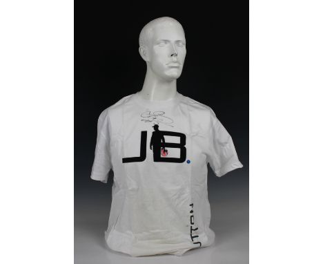 A Vodafone McLaren Mercedes F1 team medium size male Jenson Silhouette T-Shirt - Signed in black marker to centre chest by Je