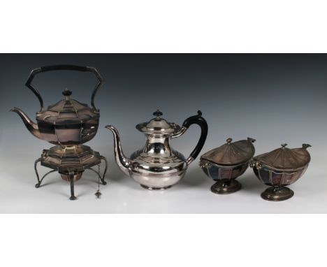 A collection of silver plate -  To include a pair of Sheffield plate sauce tureens, each of boat shape fluted body and having