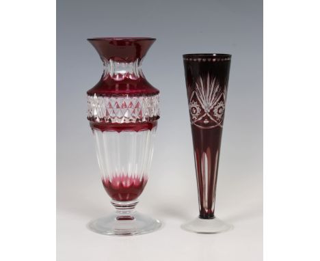 A Val Saint Lambert clear and cranberry cut crystal vase, signed beneath, 25cm. high, together with a ruby red cut glass coni