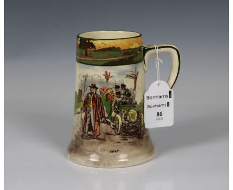 A Royal Doulton motoring "Series Ware" ceramic tankard titled "Deaf", 1905-1928, hand coloured transfer printed design by Geo