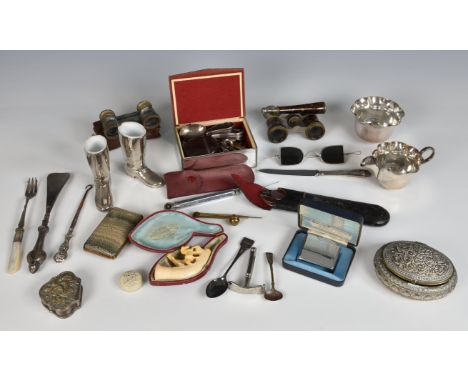 A rummage tray of vintage / antique collectables, to include a burra nut vesta case; Georgian and later glasses; opera glasse