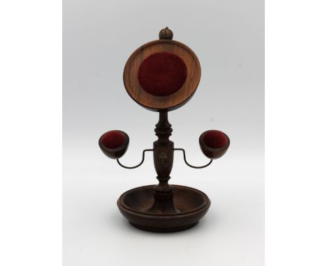 A Modern Rosewood Pocket Watch Stand, pin cushion, ring holder by Mike Fitz, 18cm. high.