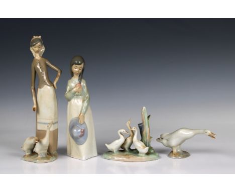 A group of four Nao and Lladro figures, Including girl with geese, the largest 28cm. high (4)