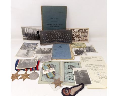 A RAF Observer's And Air Gunners Flying Log Book, 1385634 R J Crawley 1943, with a note, shot up over Frankfurt, various phot