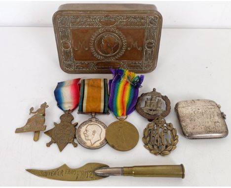 A 1914-15 Star and Victory Medal, awarded to 8040 L Cpl W H Morris Norf R, a British War Medal, awarded to 32314 Pte H E Burc