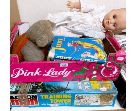 An Action Man training tower by Palitoy, and assorted other toys (2 boxes)