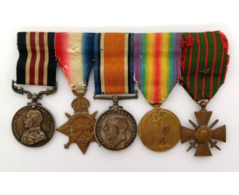 A group of five medals, awarded to Sgt 1899 R P Holman Norf Yeo, comprising a Military Medal (Cpl 320176), a 1914-15 Star tri